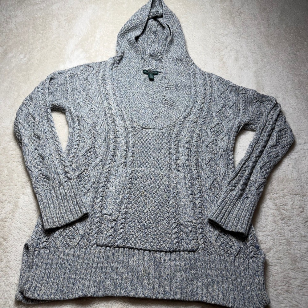 Lauren Ralph Lauren LRL Cable Knit  Sweater Womens Medium Blue Tan Hooded Pocket